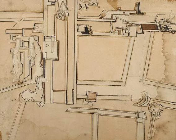 Nevill Johnson, LONDON, collage and pen and ink with wash on paper
