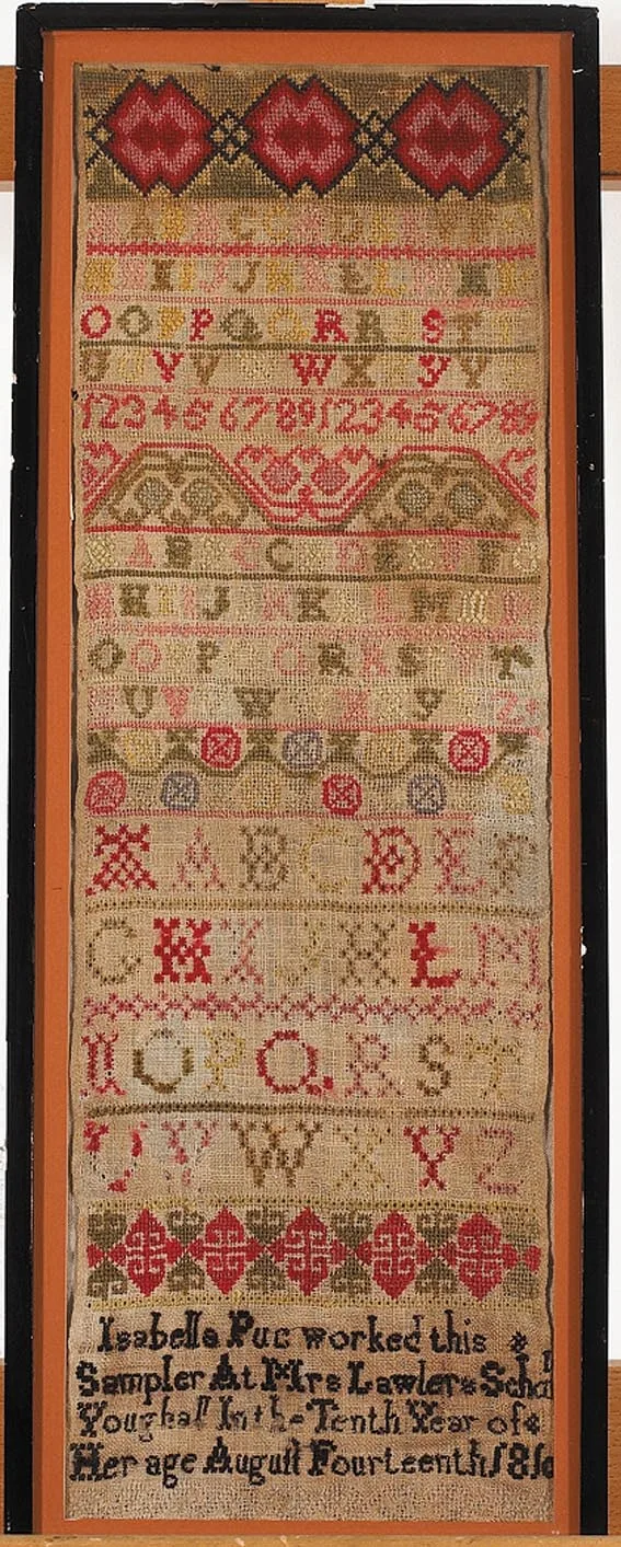 Isabelle Pue, EARLY NINETEENTH CENTURY CHILD'S SAMPLER, silk thread cross-stich on linen