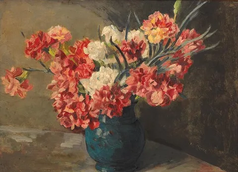 Margaret Clarke, CARNATIONS IN A BLUE VASE, oil on board