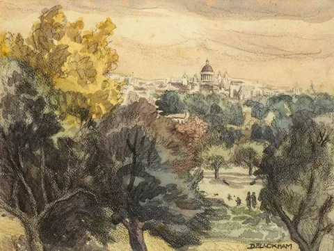 Dorothy Blackham, VIEW OF THE FOUR COURTS FROM THE PHOENIX PARK, watercolour over pencil on paper