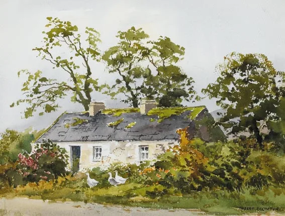 Robert Egginton, THE ROAD TO LETTERFRACK, CONNEMARA and COTTAGE WITH GEESE NEAR WESTPORT, COUNTY MAYO (A PAIR), watercolour