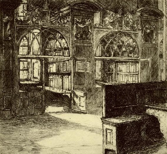 MARSH'S LIBRARY (A PAIR) by Estella Solomons, etchings on cream wove paper, sold Jun 2005