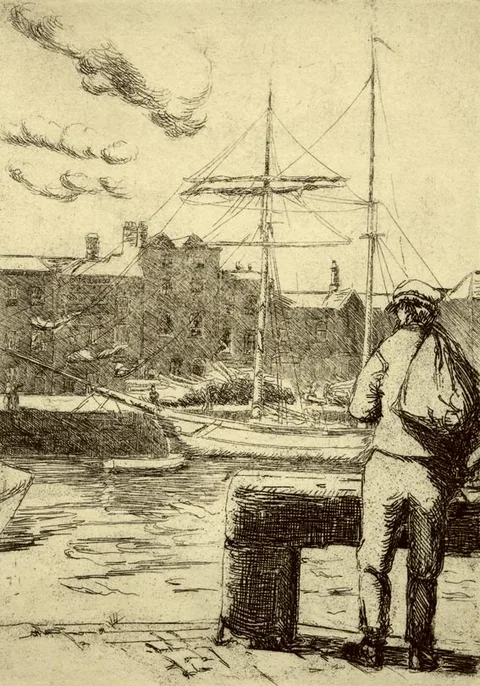 PRO CATHEDRAL IN MARLBOROUGH STREET, VIEW TOWARDS CHRISTCHURCH, CARLISLE COURT and SAILOR AND QUAYS (4) by Estella Solomons, etchings on cream wove paper, offered Jun 2005
