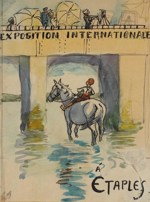 Edith Anna Somerville, EXPOSITION INTERNATIONALE ¦ ETAPLES and PROOF FOR DUST-JACKET OF HAPPY DAYS! (A PAIR), pencil, pen and ink with watercolour