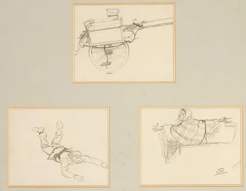 Edith Anna Somerville, A PONYTRAP MISHAP (SERIES OF THREE SKETCHES), pencil on ruled graph paper