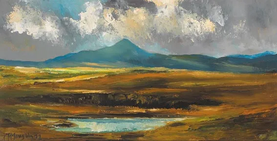 C. McLoughlin, BOG LANDSCAPE WITH MOUNTAINS BEYOND, oil on board