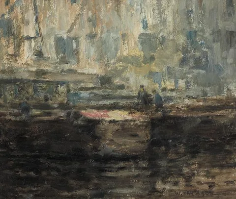 FIGURES IN A BOAT YARD by William Mason, oil on board, offered Jun 2005
