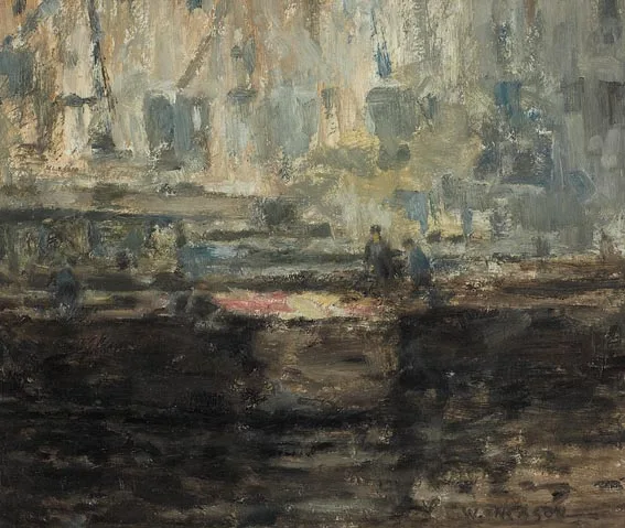 FIGURES IN A BOAT YARD by William Mason, oil on board, offered Jun 2005