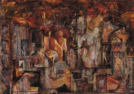 Anne O'Regan, DEATHS AND ENTRANCES (II), acrylic, pencil, collage and wax on board
