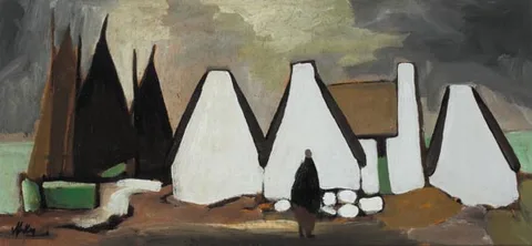 Markey Robinson, VILLAGE BY SEA WITH BOATS AND SHAWLIE, oil on board