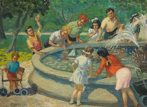 Tom Lalor, CHILDREN IN ST. STEPHEN'S GREEN, DUBLIN, oil on panel