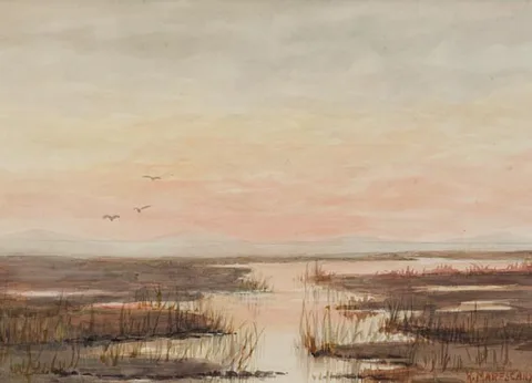 SUNSET ON THE MARSHES, COUNTY KILKENNY by Kathleen Marescaux, watercolour, sold Jun 2005