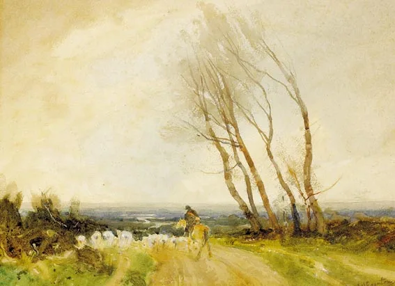 MOUNTED SHEPHERD AND FLOCK by Wycliffe Egginton, watercolour over pencil heightened with white, sold Jun 2005
