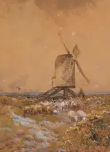 Claude Hayes, SHEPHERD AND FLOCK BEFORE A WINDMILL