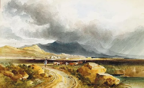CATTLE IN BOGLAND, WITH A RAIN SHOWER APPROACHING by Andrew Nicholl, watercolour with scraffito, sold Jun 2005