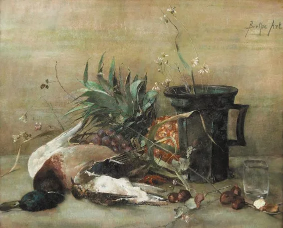 Berthe Art, STILL LIFE WITH FRUIT AND GAME, pastel on paper mounted on canvas