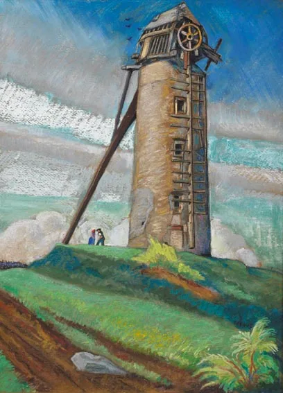 Harry Kernoff, OLD SKERRIES WINDMILL, oil crayon on board