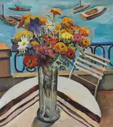 Father Jack P. Hanlon, MIXED FLOWERS ON A BALCONY OVERLOOKING BOATS ON WATER