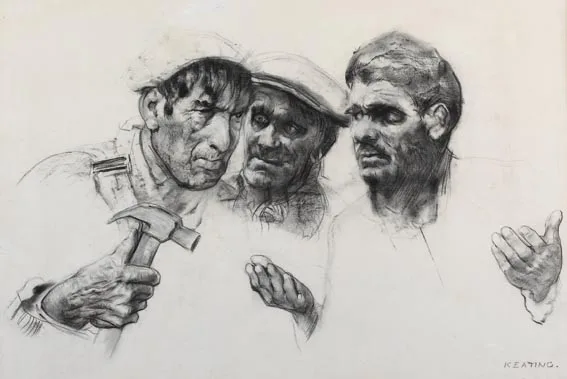 THREE IRISH WORKMEN by Seán Keating, circa 1971, charcoal heightened with white chalk on paper, sold Sep 2005