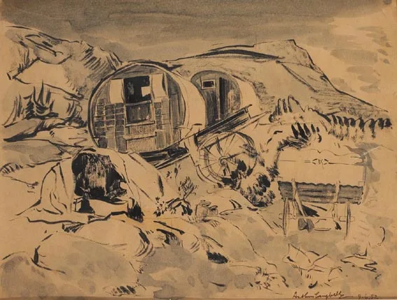 Arthur M. Campbell, CARAVANS, pen and ink with black crayon and wash