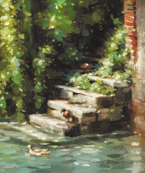 SIRMOINE STEPS by Mark O'Neill, oil on board, sold Sep 2005