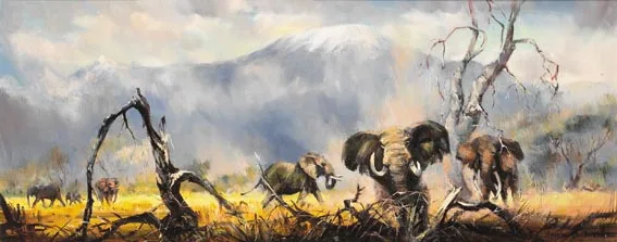 ELEPHANTS AT KILIMANJARO by Kenneth Webb, oil on canvas, sold Sep 2005