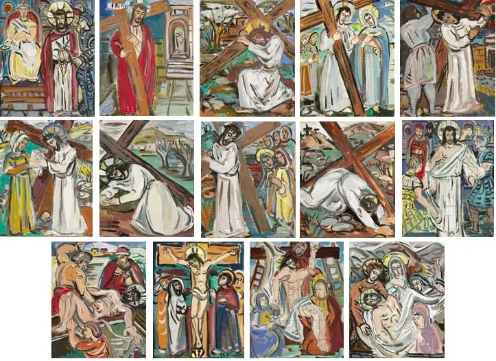 Evie Hone, STATIONS OF THE CROSS FOR KILTULLAGH CHURCH, COUNTY GALWAY (COMPLETE SET OF FOURTEEN), gouache on board (mounted but unframed)