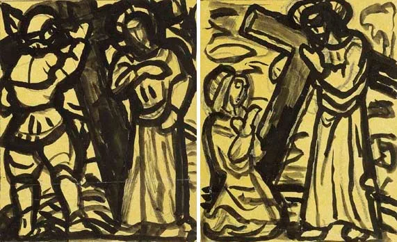 Evie Hone, STATIONS OF THE CROSS FOR KILTULLAGH CHURCH, COUNTY GALWAY (A PAIR OF STUDIES), Indian ink wash over pencil; in a hinge-jointed double frame