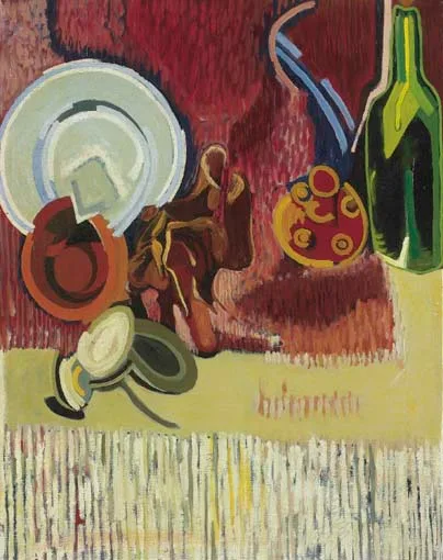 May Guinness, STILL LIFE WITH GREEN BOTTLE, oil on canvas
