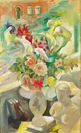 Frances J. Kelly, STILL LIFE WITH FLOWERS BEFORE A WINDOW