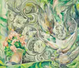 Mary Swanzy, ROMANTIC WINDOW VIEW WITH DOVES AND BEGONIA