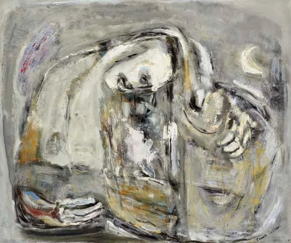 MAN GRUBBING UP A TREE ROOT by Patrick Collins, oil on board, offered Apr 2005