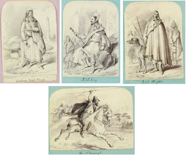 Michael Angelo Hayes, ANCIENT IRISH KING, CHIEFTON, DRUID, BARD and others, seven pen and wash drawings mounted in a Victorian scrapbook
