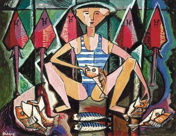 BOY WITH FISH by Basil Rakoczi, gouache on paper, sold Apr 2005