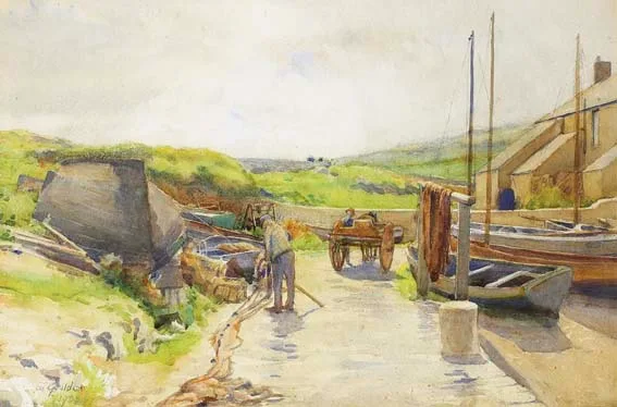 David Gould, MENDING THE NETS, watercolour over pencil