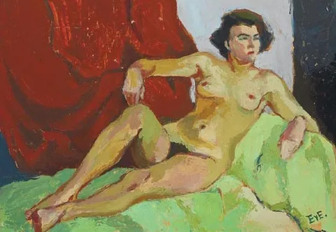 Ebba von Essen, NUDE RECLINING AGAINST A GREEN CLOTH, oil on masonite board