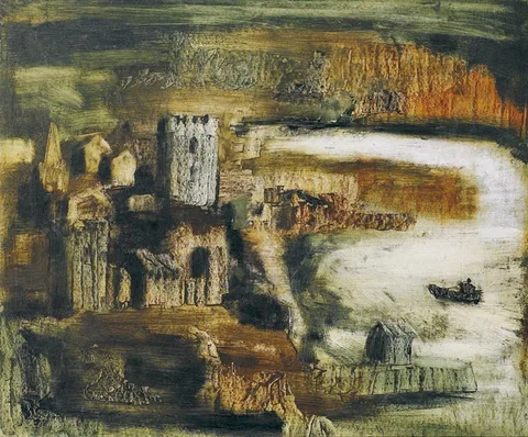 ABBEY RUINS ON AN ISLAND by Séamus Ó Colmáin, oil on board, sold Feb 2005