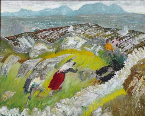 Derek Clarke, ROUNDING UP THE BLACK LAMBS, oil on board