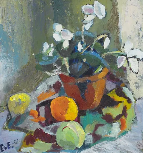 Ebba von Essen, STILL LIFE WITH CYCLAMEN AND FRUIT, oil on masonite board