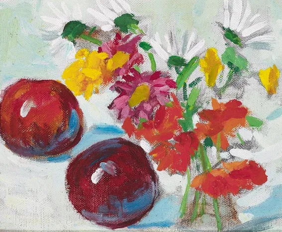 Michael Healy, STILL LIFE WITH APPLES AND DAISIES, oil on canvas laid on board