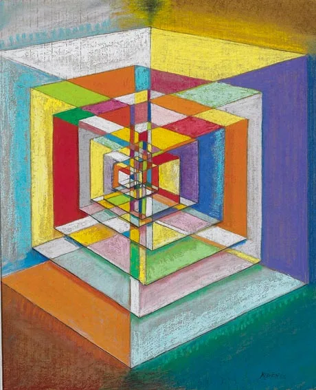 SEVEN CUBES IN A CUBE by Harry Kernoff, oil crayon over pencil on card, sold Feb 2005