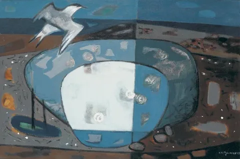 TWO STONES AND A BIRD by Norah McGuinness, oil on canvas, sold Feb 2005