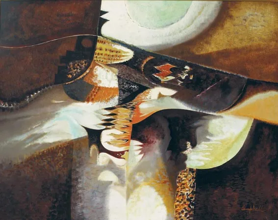 ISOLATED CONCENTRATIONS - THREE MOVING FORMS by George Campbell, oil on board, sold Feb 2005