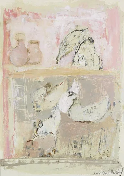 Anne Donnelly, COCKERELS IN PINK, oil on board