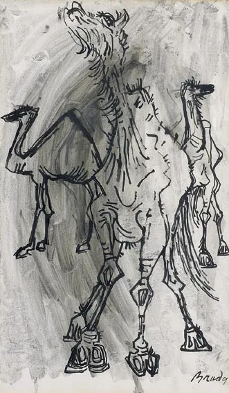 Charles Brady, CAMELS, pen and ink with wash on paper