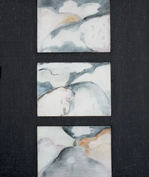 TRIPTYCH: ROAD INTERVALS III by Anne Madden, polymer acrylic and pencil on hardboard, offered Feb 2005