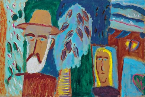 Tony O'Malley, STUDIOS PORTHMEOR AND PHYSICIANTOWN WITH PORTRAITS OF SELF AND JANIE, oil on board