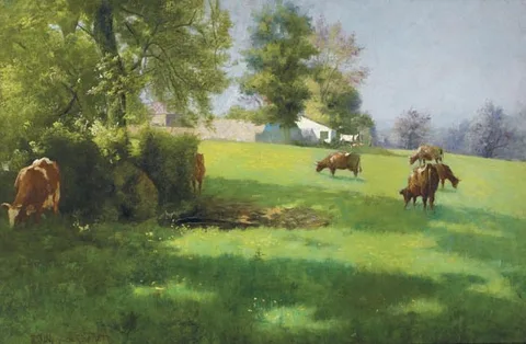 Richard Moynan, CATTLE GRAZING or AFTER THE MILKING, oil on canvas
