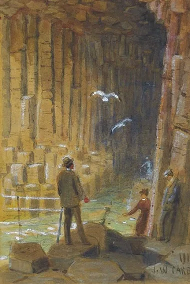 VISITORS AT THE ENTRANCE OF FINGAL'S CAVE, STAFFA by Joseph William Carey, watercolour over pencil heightened with white, offered Feb 2005