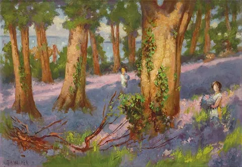 Thomas Bond Walker, BLUEBELLS WITH VIEW OF BELFAST LOUGH, oil on canvas